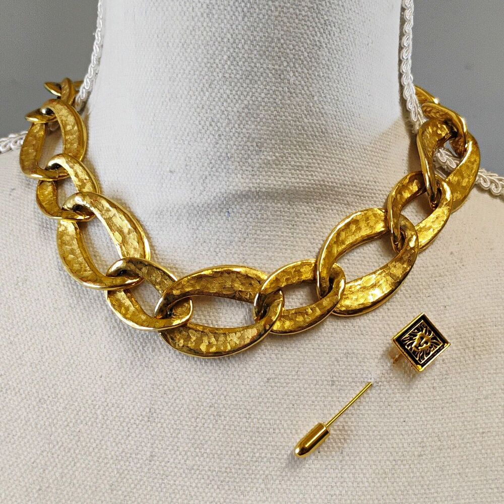 Vintage Anne Klein Chunky Gold Tone Chain Link Statement Necklace And Stick Pin